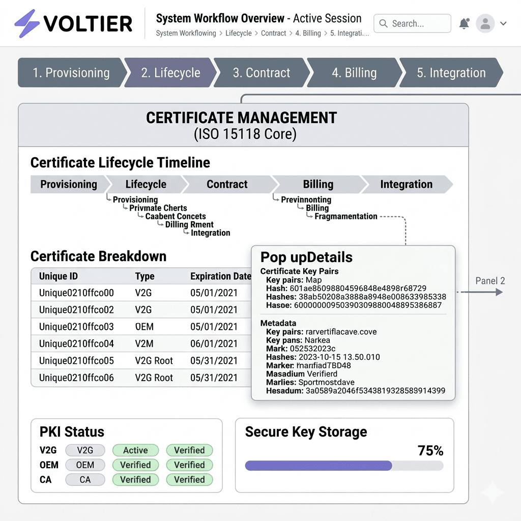 Certificate management dashboard for ISO 15118 lifecycle workflows