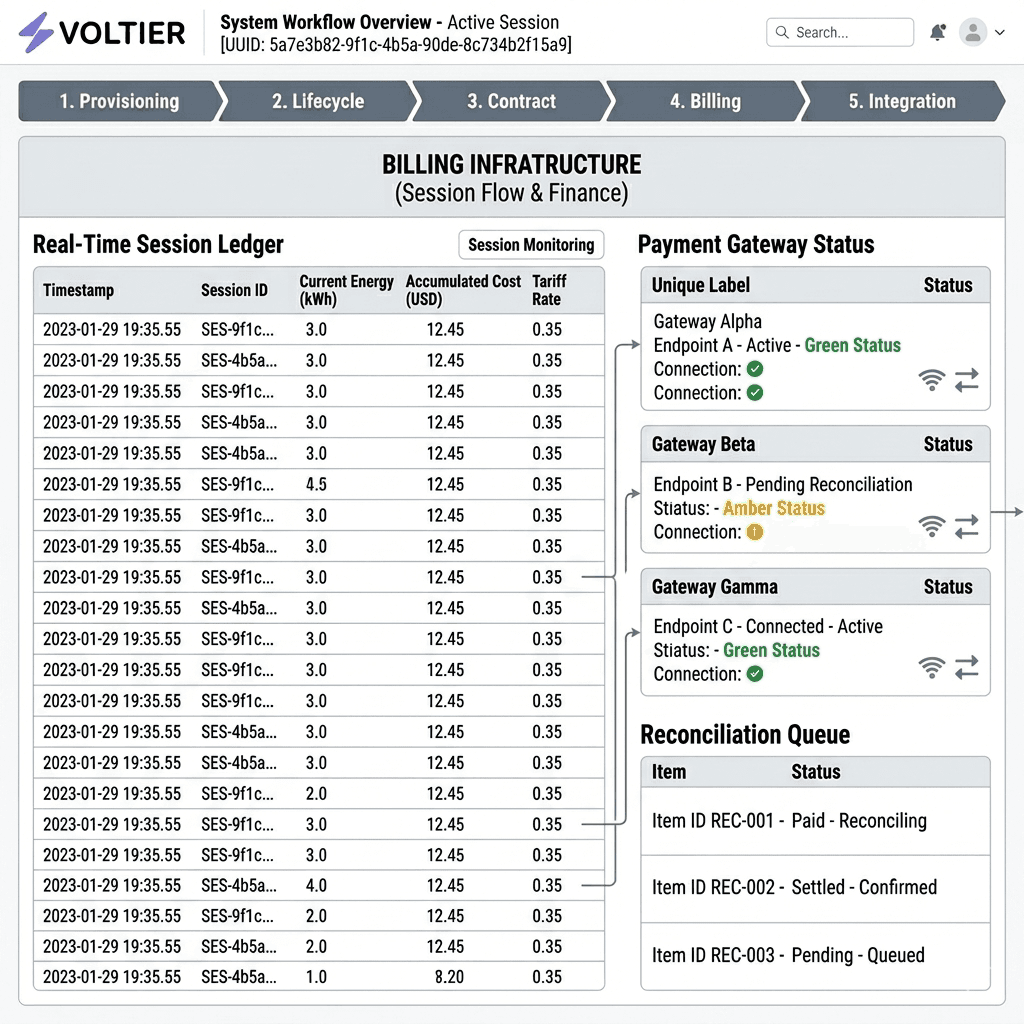 Billing infrastructure dashboard showing EV charging session ledger, payment gateways, and reconciliation workflows